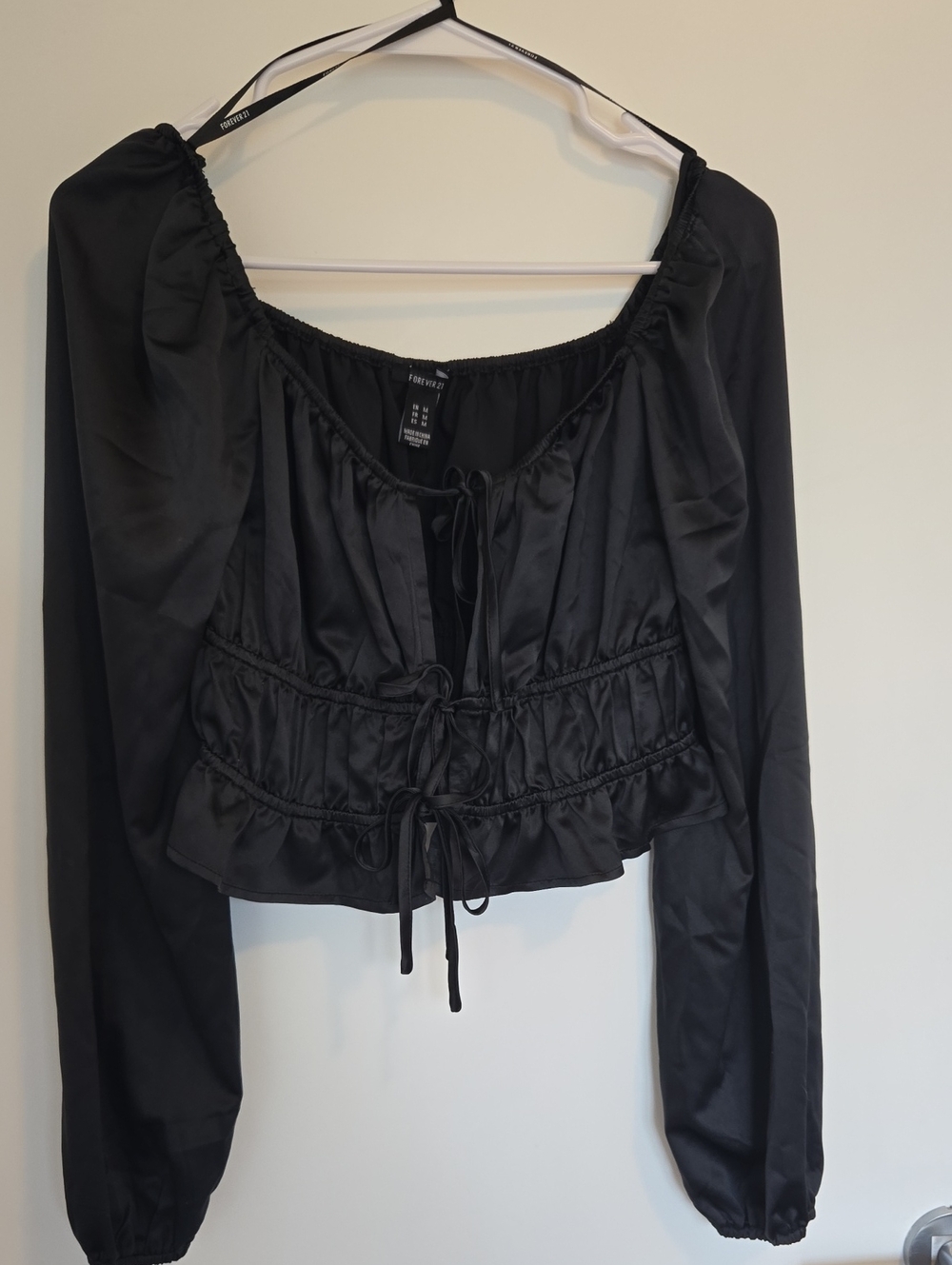 3/$10 Forever 21 Black Satin Tie-Front Peasant Crop Top
